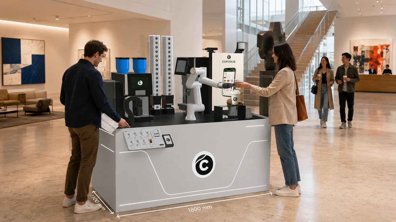 Chiosco di caffè robotico Coforob in una sala d'attesa
