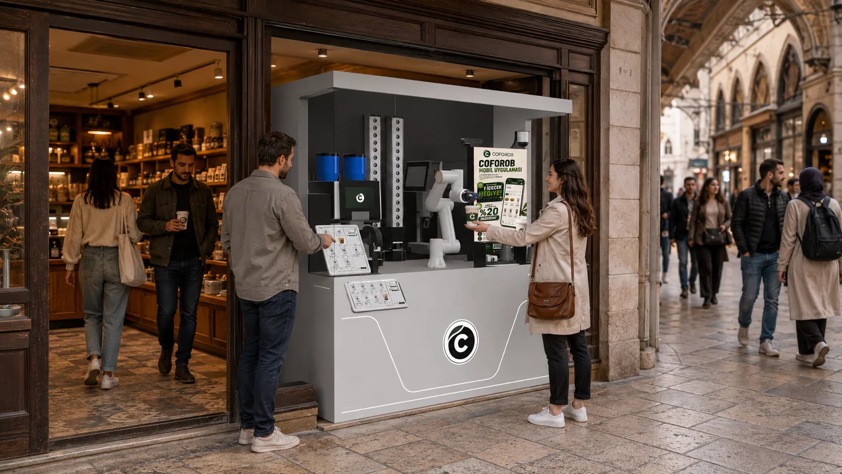 Chiosco di caffè robotico Coforob in un passaggio del bazar