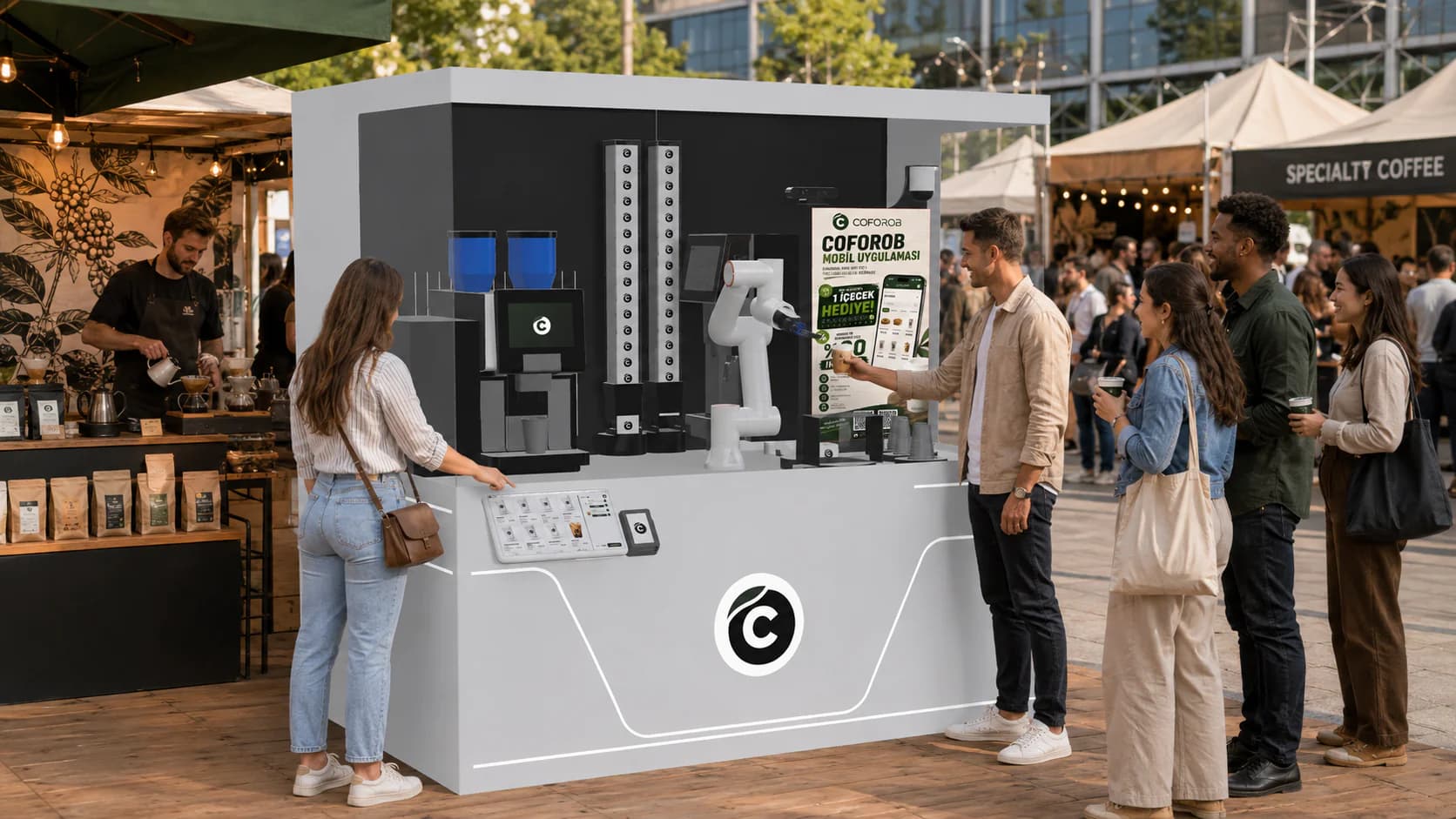 Chiosco di caffè robotico Coforob a un festival