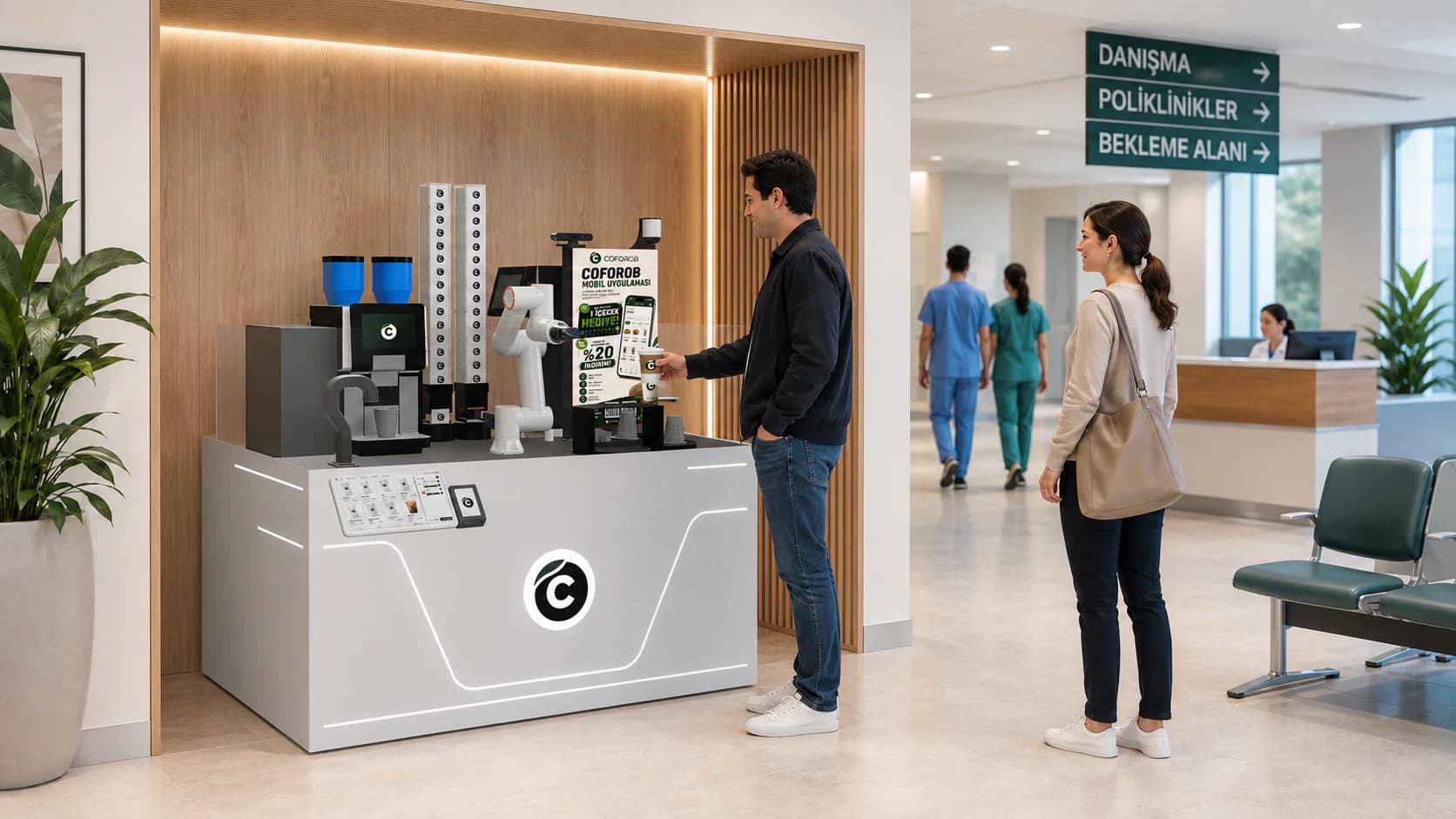 Chiosco di caffè robotico Coforob nell'atrio di un ospedale