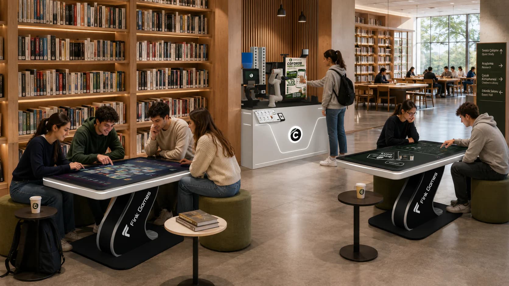 Chiosco Coforob e tavoli da gioco Fink in una biblioteca