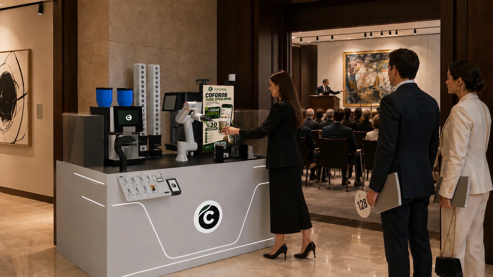 Chiosco di caffè robotico Coforob in una sala eventi