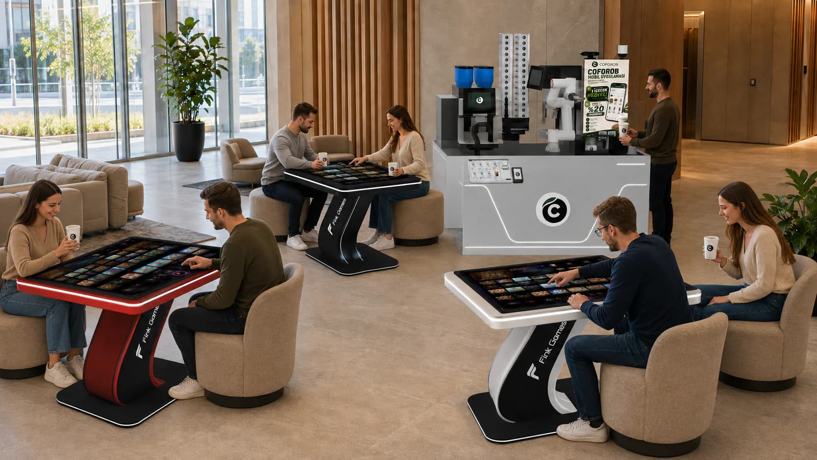 Chiosco Coforob e tavoli da gioco Fink di colori diversi in un atrio
