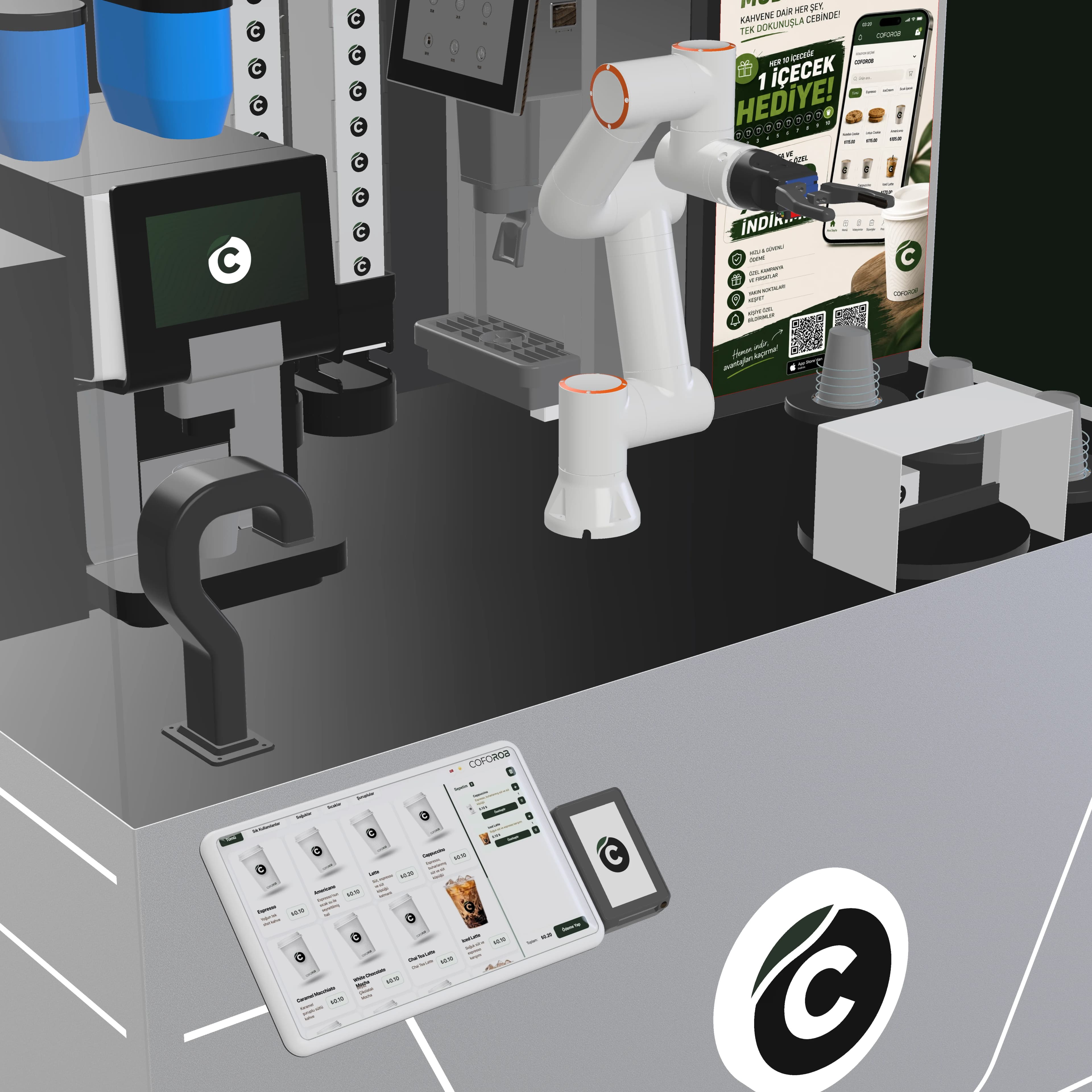 Banco e schermo d'ordine del chiosco barista robotico Coforob