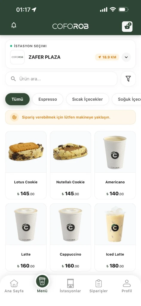 Schermata menu e ordine di CofoAPP