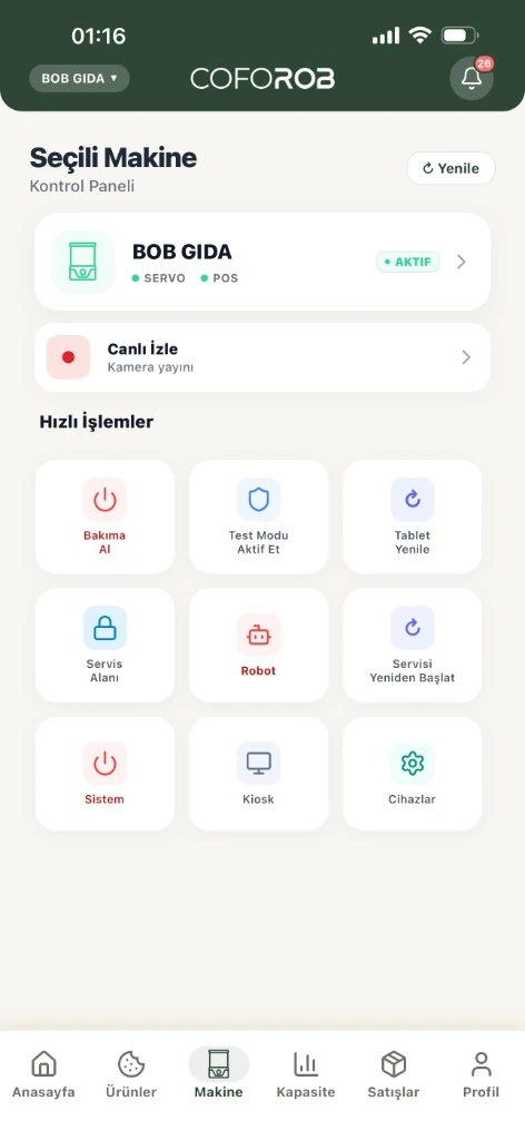 Schermata controllo macchina e telecamera dell'app di manutenzione Coforob